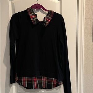 J. Crew Black Top with Red Plaid Accents